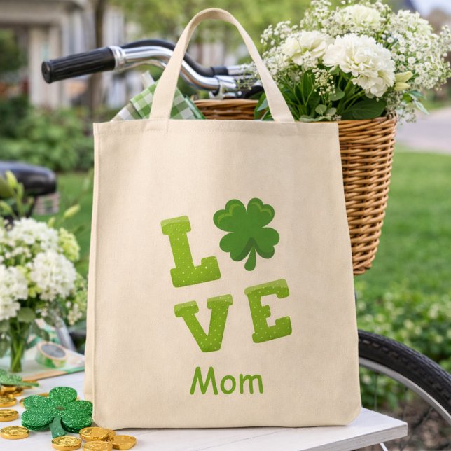 Love Mom Green Block Letters St Patricks Holiday Tote Bag (Creator Uploaded)