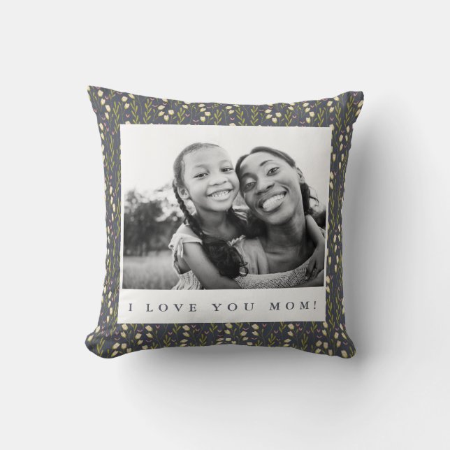 Love Mom Navy Floral Script Photo Throw Pillow (Front)