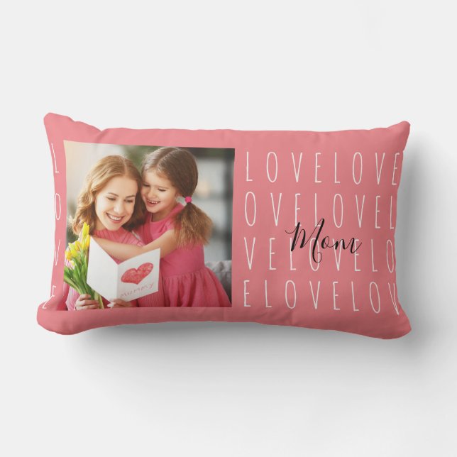 Love Mom Quote Coral Pink Family Photo Lumbar Pillow (Front)