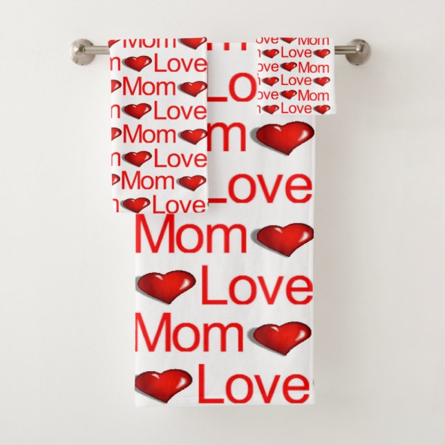 Love Mom Red Hearts Bathroom Towel Sets (Insitu)