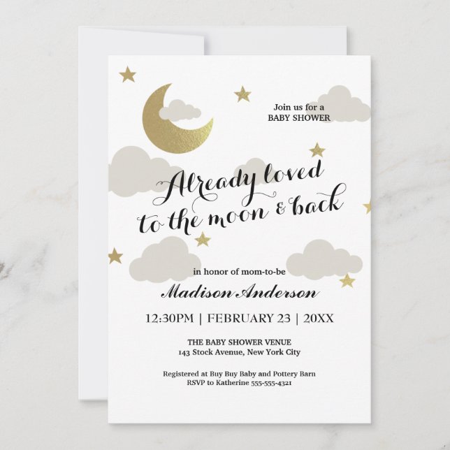 Love Moon and Back Glitter Star Clouds Baby Shower Invitation (Front)