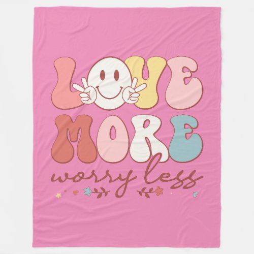 Love More Worry Less Pink Retro Hippie Large Fleece Blanket