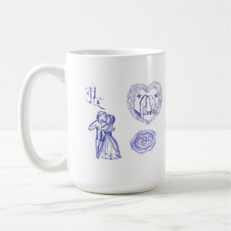 Love mug with toile and birds kissing illustration