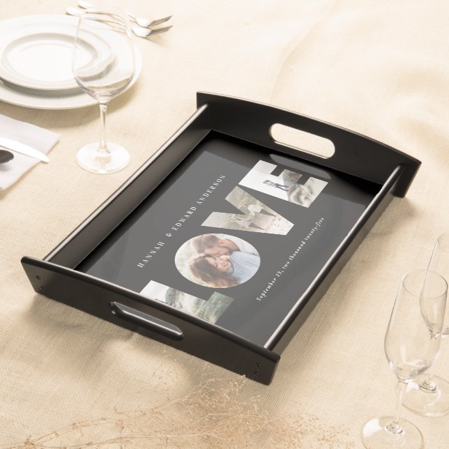 Love Multi Photo Black Simple Modern Personalized Serving Tray (Front)