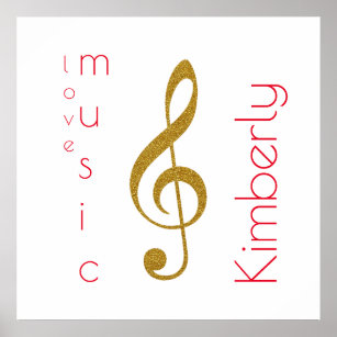love music, golden treble clef with name poster
