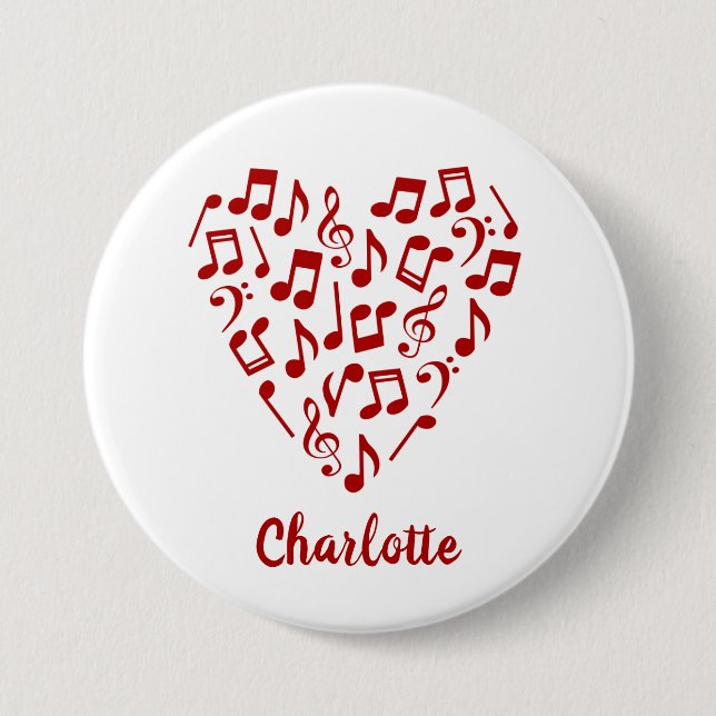 Love Music Heart of Red Music Notes with Name Button (Front)