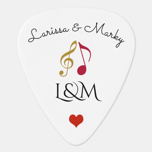 love & music notes, his & her names,  personalized guitar pick (Front)