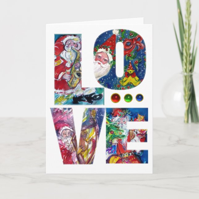 LOVE  MUSICAL  XMAS PARTY / SANTA  PLAYING HARP HOLIDAY CARD (Front)