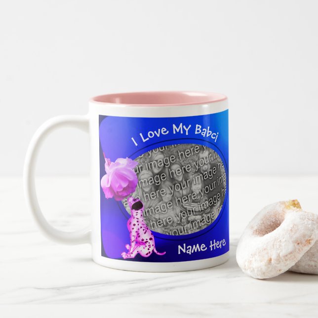 Love My Babci Puppy Rose Polish Grandmother  Two-Tone Coffee Mug (With Donut)