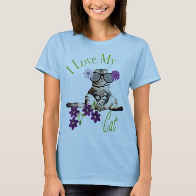 Love My Cat Floral Desing T-Shirt (Front)