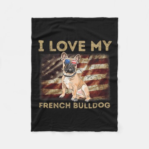 Love My French Bulldog Dad Mom American Flag Weine Fleece Blanket