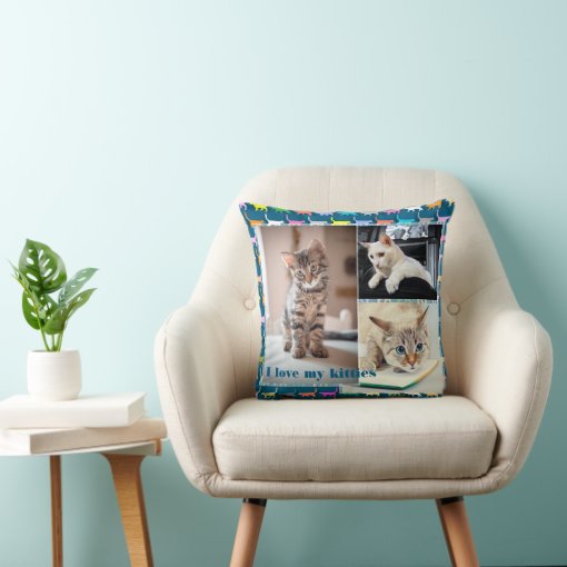 Love My Kitties Customize 3 Photos Cat Print Throw Pillow Zazzle
