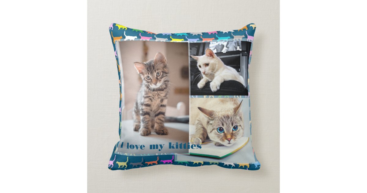 Love My Kitties Customize 3 Photos Cat Print Throw Pillow
