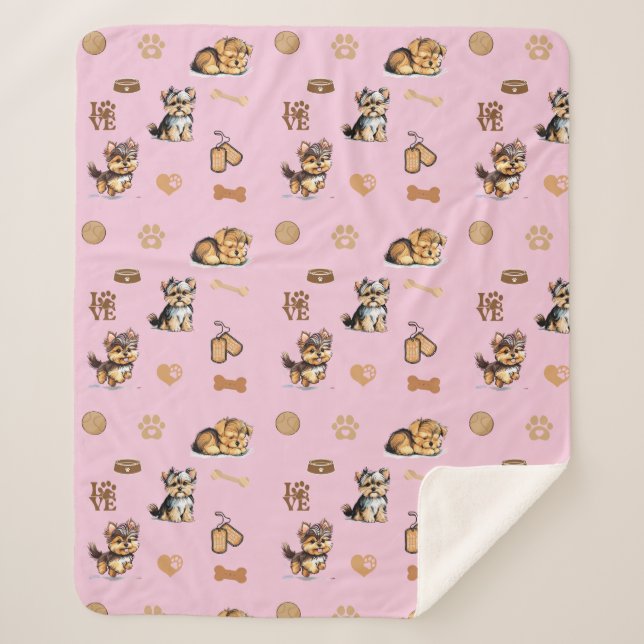 Love My Yorkie Pink Sherpa Blanket (Front)