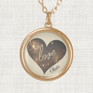 love & name on Cosmos Pattern Heart, Gold Plated Necklace