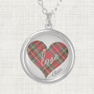 love & Name on Plaid Tartan Heart, Sterling Silver Plated Necklace