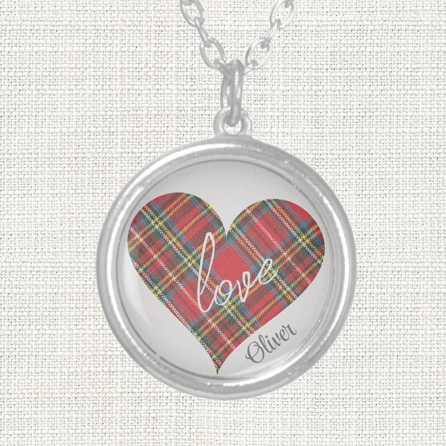 love & Name on Plaid Tartan Heart, Sterling Silver Plated Necklace (Creator Uploaded)