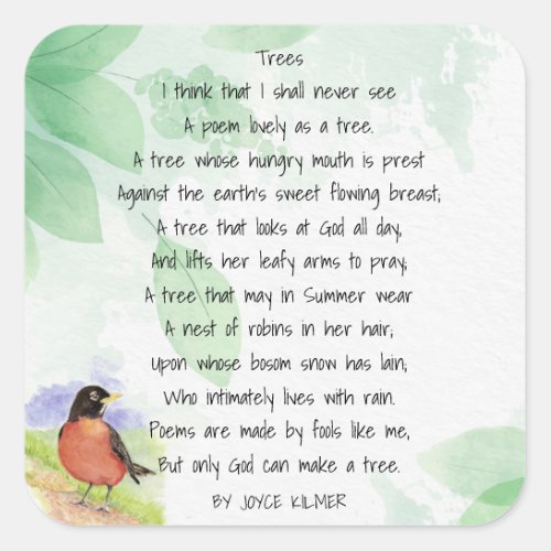 Love Nature Inspirational Poem Trees Kilmer  Square Sticker
