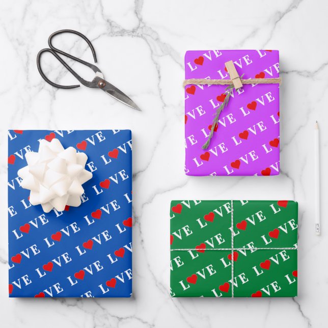 LOVE Navy Blue Green Purple Wrapping Paper Sheets (Front)