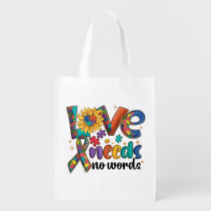 Love Needs No Words - Autism Awareness Sunflower Grocery Bag