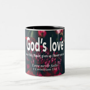 LOVE NEVER FAILS 1 Cor 13:8 Personalized Two-Tone Coffee Mug