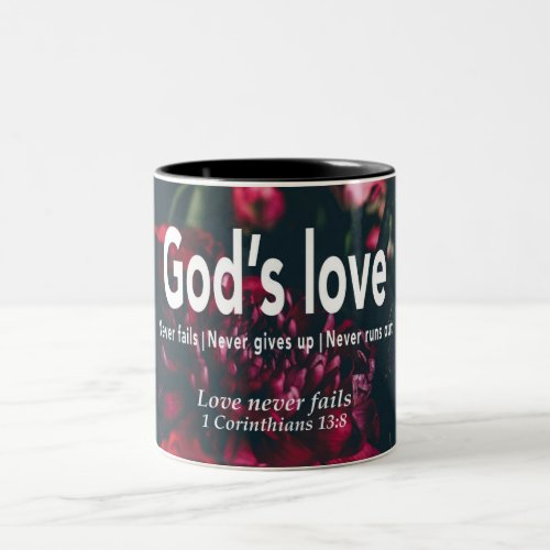 LOVE NEVER FAILS  1 Cor 138  Personalized Two_Tone Coffee Mug