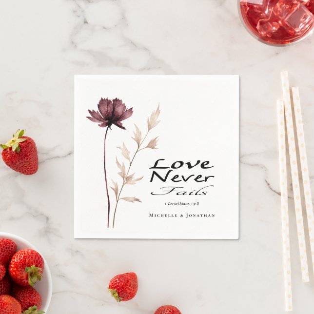 Love Never Fails Bible Burgundy Flower Wedding Napkins (Insitu)
