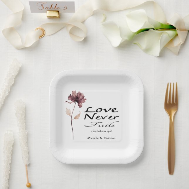 Love Never Fails Bible Burgundy Flower Wedding Paper Plates (Wedding)