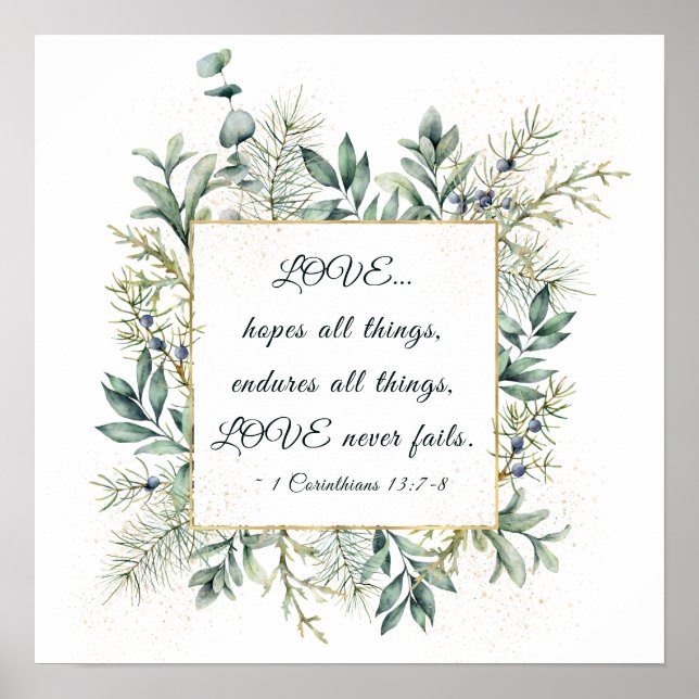LOVE Never Fails Bible Elegant Greenery Poster (Front)