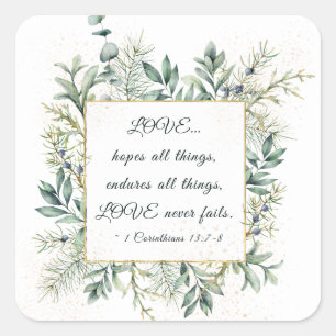 LOVE Never Fails Bible Elegant Greenery Square Sticker