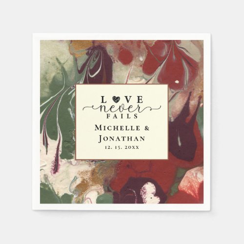 Love Never Fails Bible Red Green Abstract Wedding Napkins