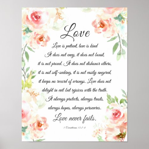 Love Never Fails Bible Verse Blush Floral Wedding Poster