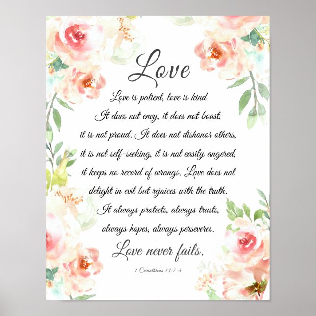 Love Never Fails Bible Verse Blush Floral Wedding Poster (Front)