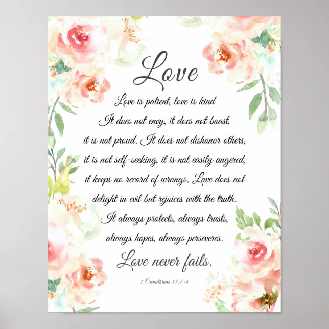 Love Never Fails Bible Verse Blush Floral Wedding Poster | Zazzle