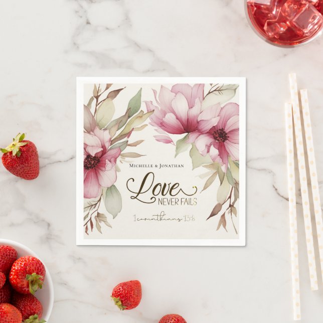 Love Never Fails Bible Verse Pink Floral Wedding Napkins (Insitu)