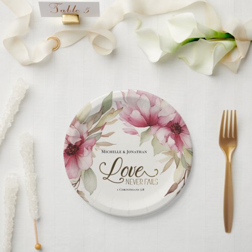 Love Never Fails Bible Verse Pink Floral Wedding Paper Plates