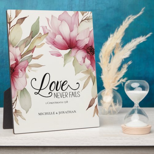 Love Never Fails Bible Verse Pink Floral Wedding Plaque