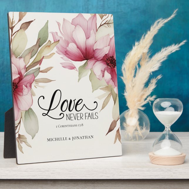 Love Never Fails Bible Verse Pink Floral Wedding Plaque (Side)