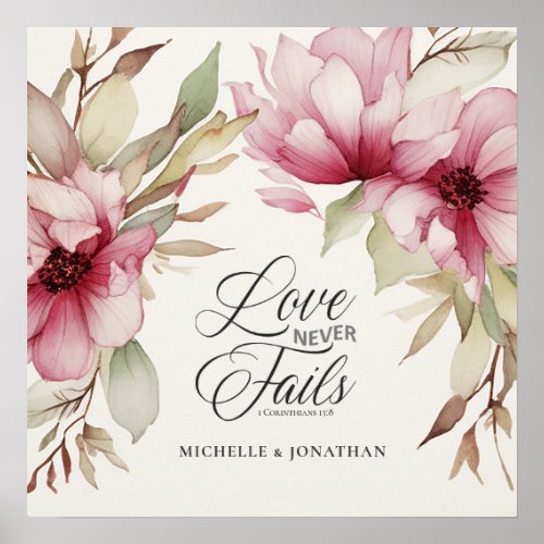 Love Never Fails Bible Verse Pink Floral Wedding  Poster