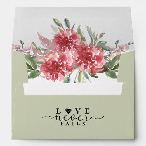 Love Never Fails Bible Verse Pink Flowers green Envelope