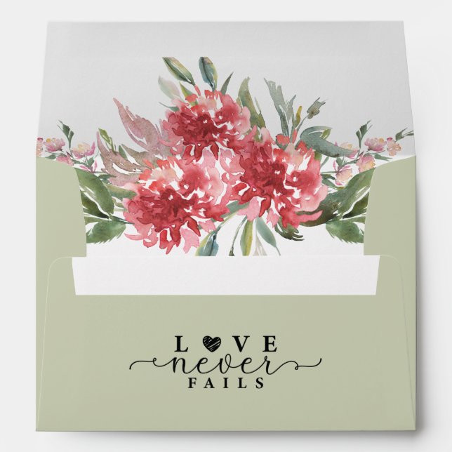 Love Never Fails Bible Verse Pink Flowers green Envelope (Back (Bottom))