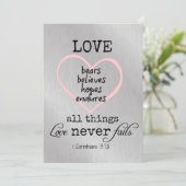 Love Never Fails Bible Verse Wedding Invitation (Standing Front)