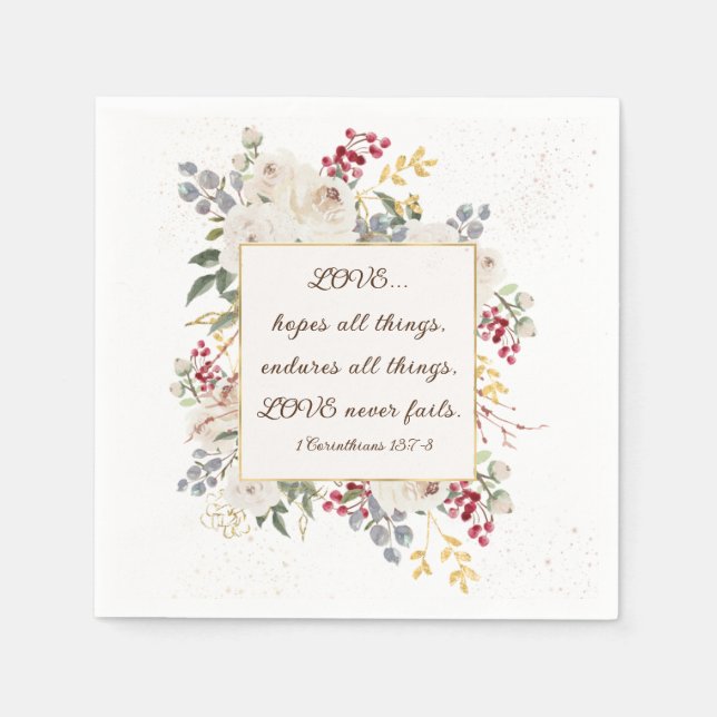 Love Never Fails Bible Verse Winter White Roses Napkins (Front)