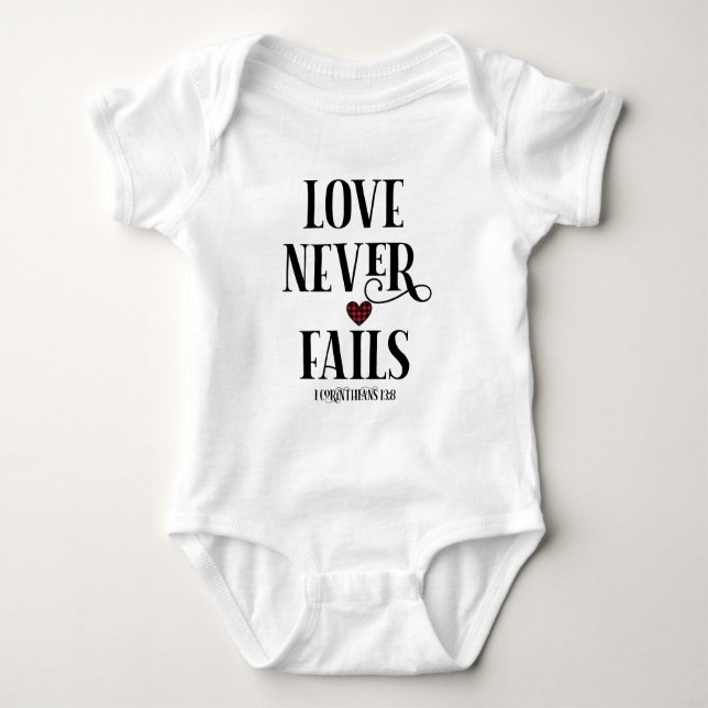 Love Never Fails Christian | Bible Verse Baby Bodysuit (Front)