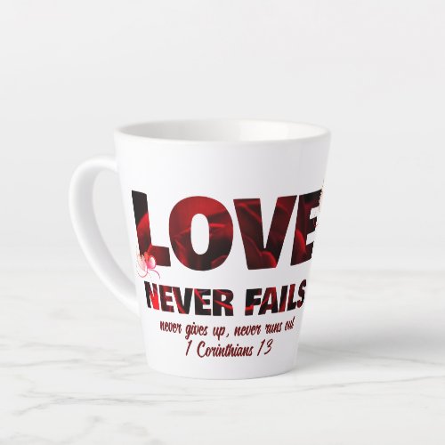 LOVE NEVER FAILS Christian Photo Latte Mug