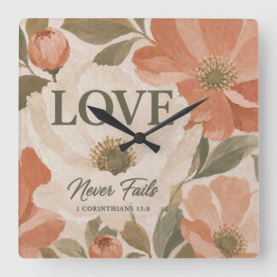 LOVE NEVER FAILS   Christian Wedding Gift Square Wall Clock