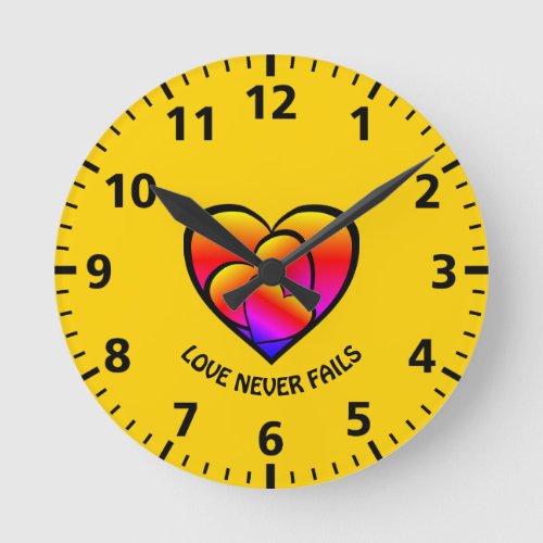 LOVE NEVER FAILS Custom Colorful Hearts Round Clock