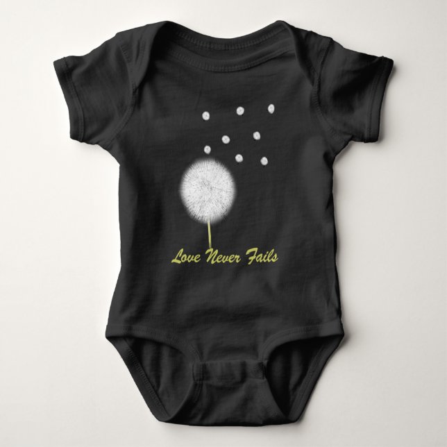 Love Never Fails Dandelion1 Corinthians 13 Baby Bodysuit (Front)