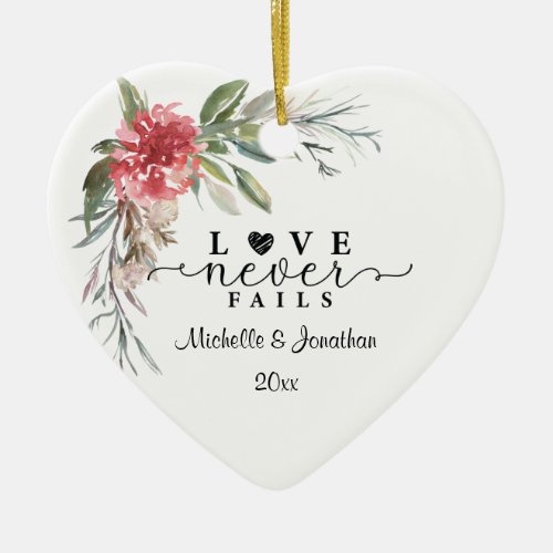 Love Never Fails Elegant Pink Floral Bible Heart Ceramic Ornament