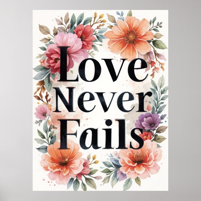Love Never Fails Floral Inspirational Art Poster (Front)